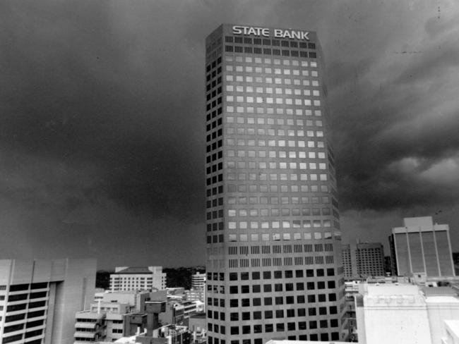 Grey thunderclouds over the State Bank in 1992. The building became the Santos building — and is now Westpac House.