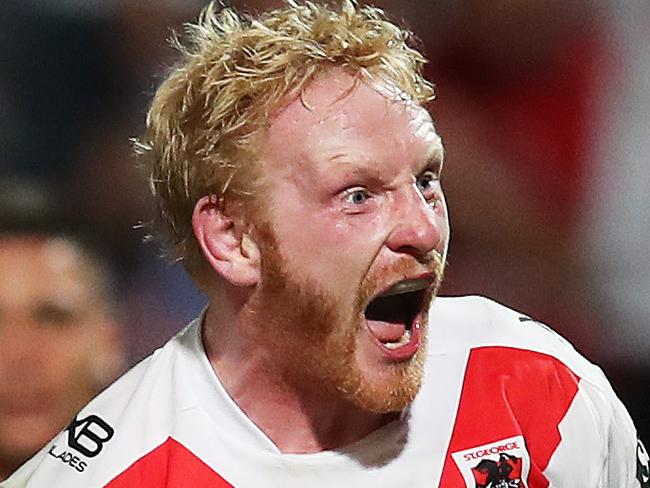 Dragon's James Graham celebrates try of Jack De Belin during NRL match between the St. George-Illawarra Dragons and Brisbane Bronocs at Jubilee Stadium, Kogarah. Picture. Phil Hillyard