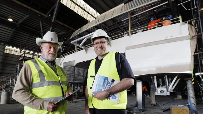 Robert Clifford with Pembroke candidate James Walker talk about ferries at Incat.