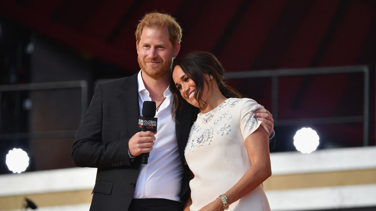 Britain's Prince Harry and Meghan Markle speak during the 2021 Global Citizen Live festival at the Great Lawn, Central Park. Photo: Angela Weiss / AFP.