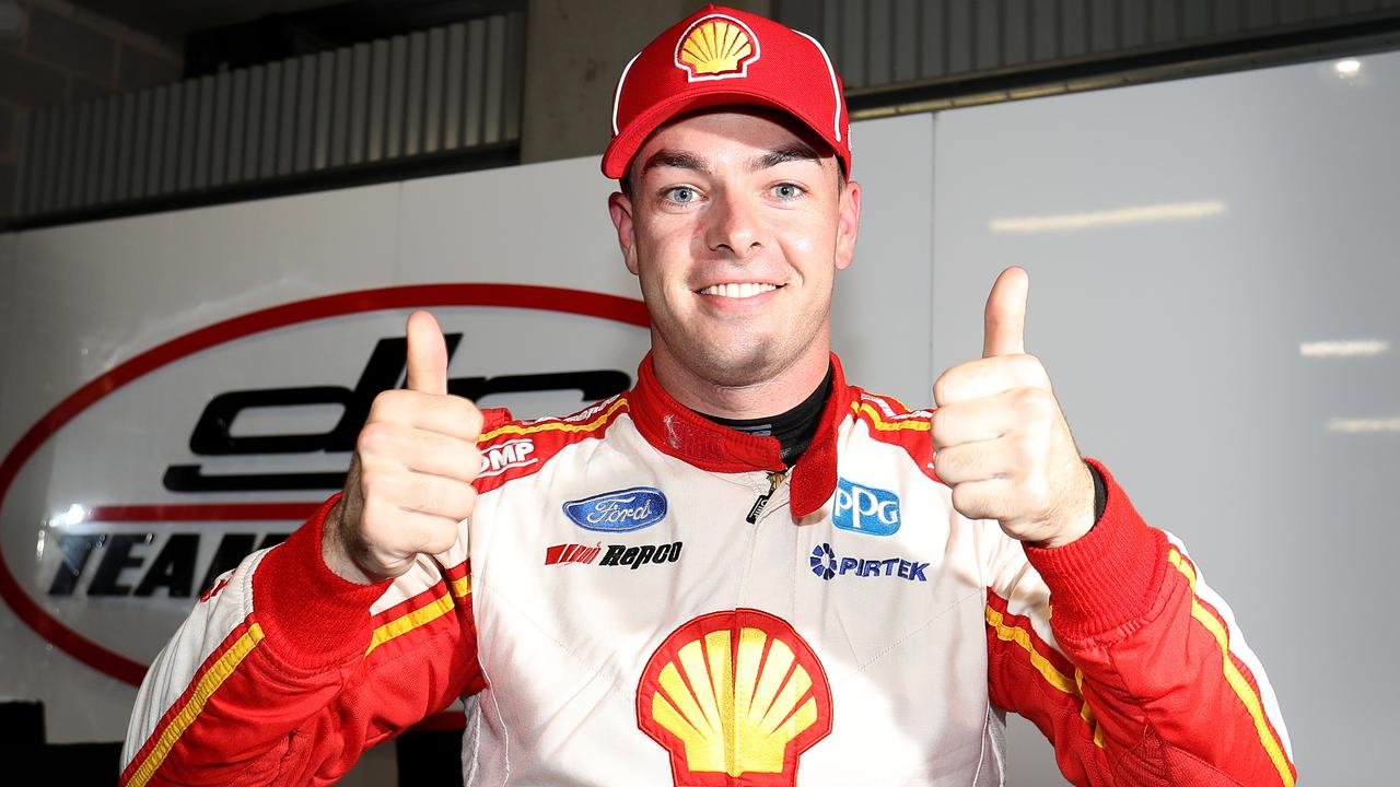 Scott McLaughlin celebrates after he finished fastest in qualifying. Picture: Robert Cianflone