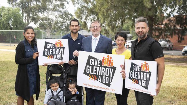 Sureka Heeraluge with boys Ehaan and Parin, Deepak Sureka, Moreland Mayor John Kavanagh, Anne Harvey and Ned Palay at the sight of the future community hub in Glenroy. Picture: Ellen Smith