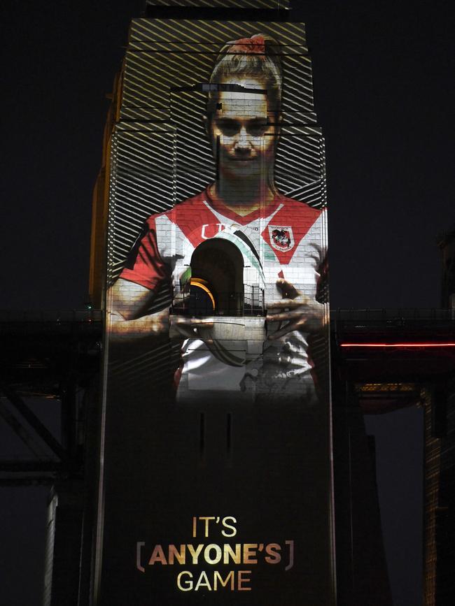 Apps projected on a pylon of the Sydney Harbour Bridge on Monday. Picture: AAP/Bianca De Marchi