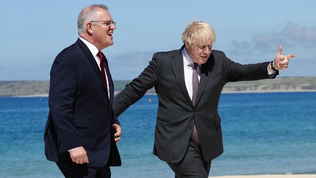 Scott Morrison and Boris Johnson at Carbis Bay Estate. Picture: Adam Taylor