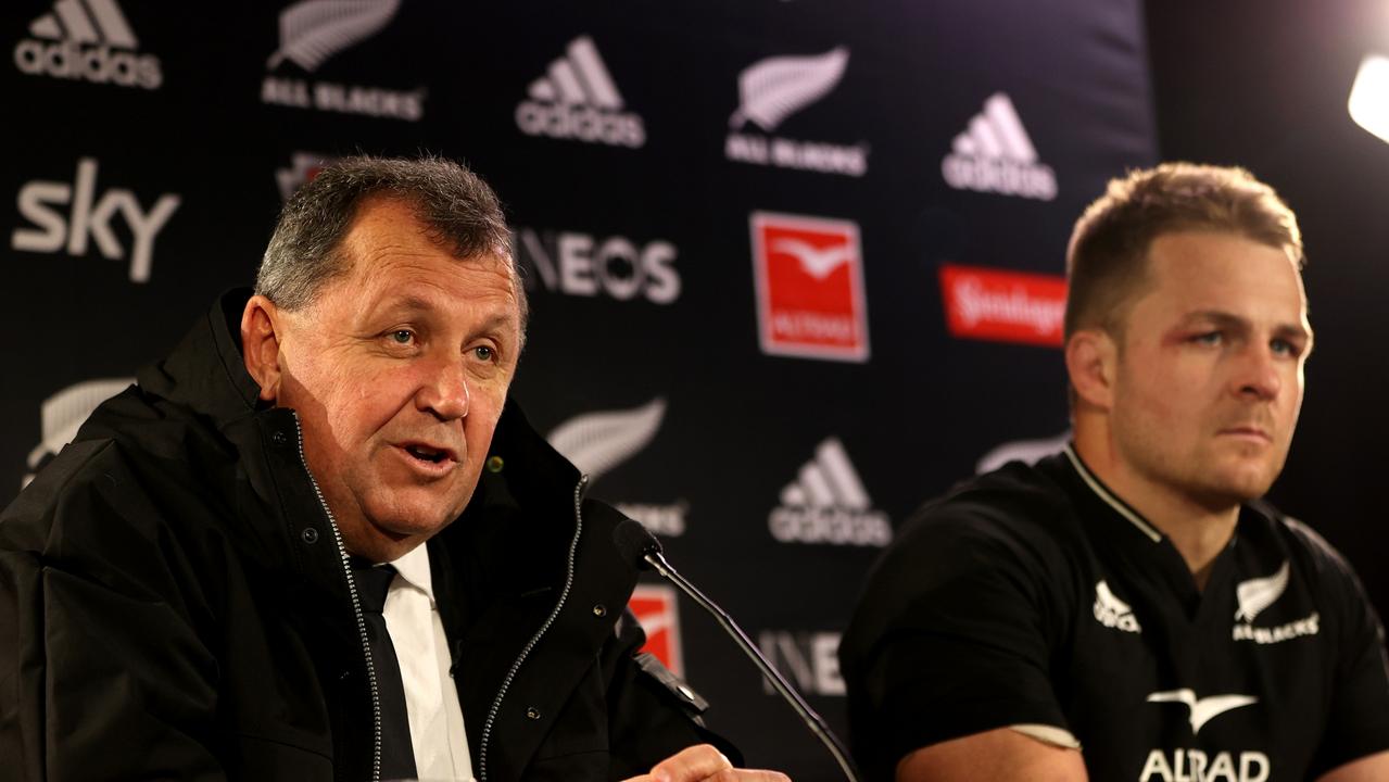 DUNEDIN, NEW ZEALAND - JULY 09: All Black coach Ian Foster and captain Sam Cane look on at the press conference following the International Test match between the New Zealand All Blacks and Ireland at Forsyth Barr Stadium on July 09, 2022 in Dunedin, New Zealand. (Photo by Phil Walter/Getty Images)