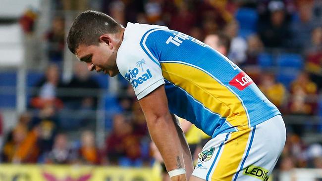 GOLD COAST, AUSTRALIA — AUGUST 05: Ash Taylor of the titans looks dejected during the round 22 NRL match between the Gold Coast Titans and the Brisbane Broncos at Cbus Super Stadium on August 5, 2017 in Gold Coast, Australia. (Photo by Jason O'Brien/Getty Images)