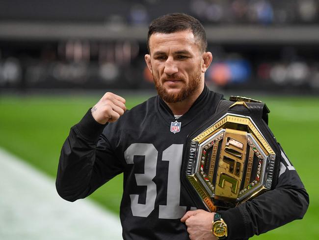 LAS VEGAS, NEVADA - JANUARY 05: UFC Fighter Merab Dvalishvili poses for a picture prior to the game between the Los Angeles Chargers and Las Vegas Raiders at Allegiant Stadium on January 05, 2025 in Las Vegas, Nevada. Candice Ward/Getty Images/AFP (Photo by Candice Ward / GETTY IMAGES NORTH AMERICA / Getty Images via AFP)