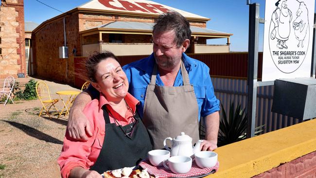 Marie Lawson and partner Adam Watson run The Shearer’s Cook cafe in Silverton. Picture: Toby Zerna