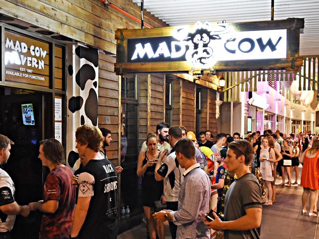 Qweekend only - Embargoed til Apr 2016 -  Townsville night out in Flinders Street.   Patrons begin to line up at The Mad Cow.  Picture: Zak Simmonds