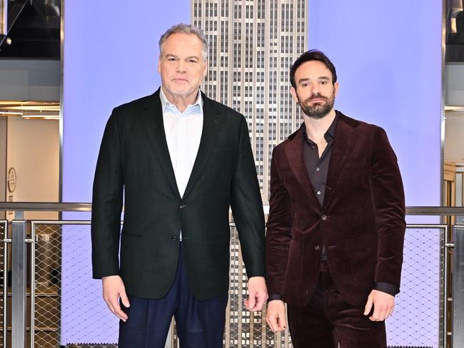 Vincent D'Onofrio and Charlie Cox light the Empire State Building in partnership with Marvel, Disney+ and American Red Cross in celebration of the premiere of Daredevil: Born Again in New York City this week. Picture: Roy Rochlin/Getty Images for Empire State Realty Trust