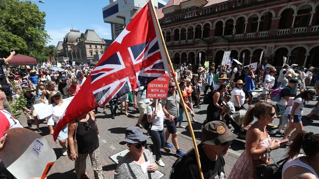 The Freedom Rally in the Brisbane CBD on Saturday. Picture: Annette Dew