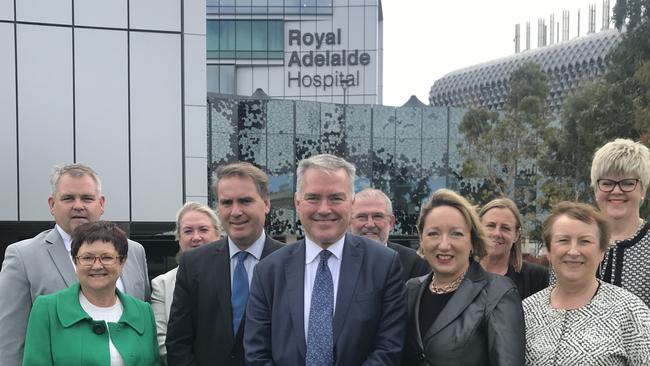 After Bruce Lander tabled his report into SA Health, Health Minister Stephen Wade appeared at the Royal Adelaide Hospital for a photo opp with nine of the 10 local health network CEOs. Picture: Brad Crouch