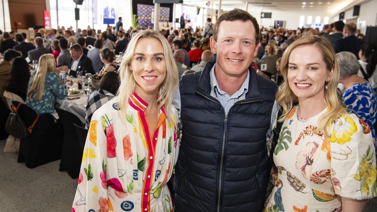 Will Brown with Tess Wagner (left) and Caity Hogan at It's A Bloke Thing 2023 at Wellcamp Airport, Friday, August 18, 2023. Picture: Kevin Farmer