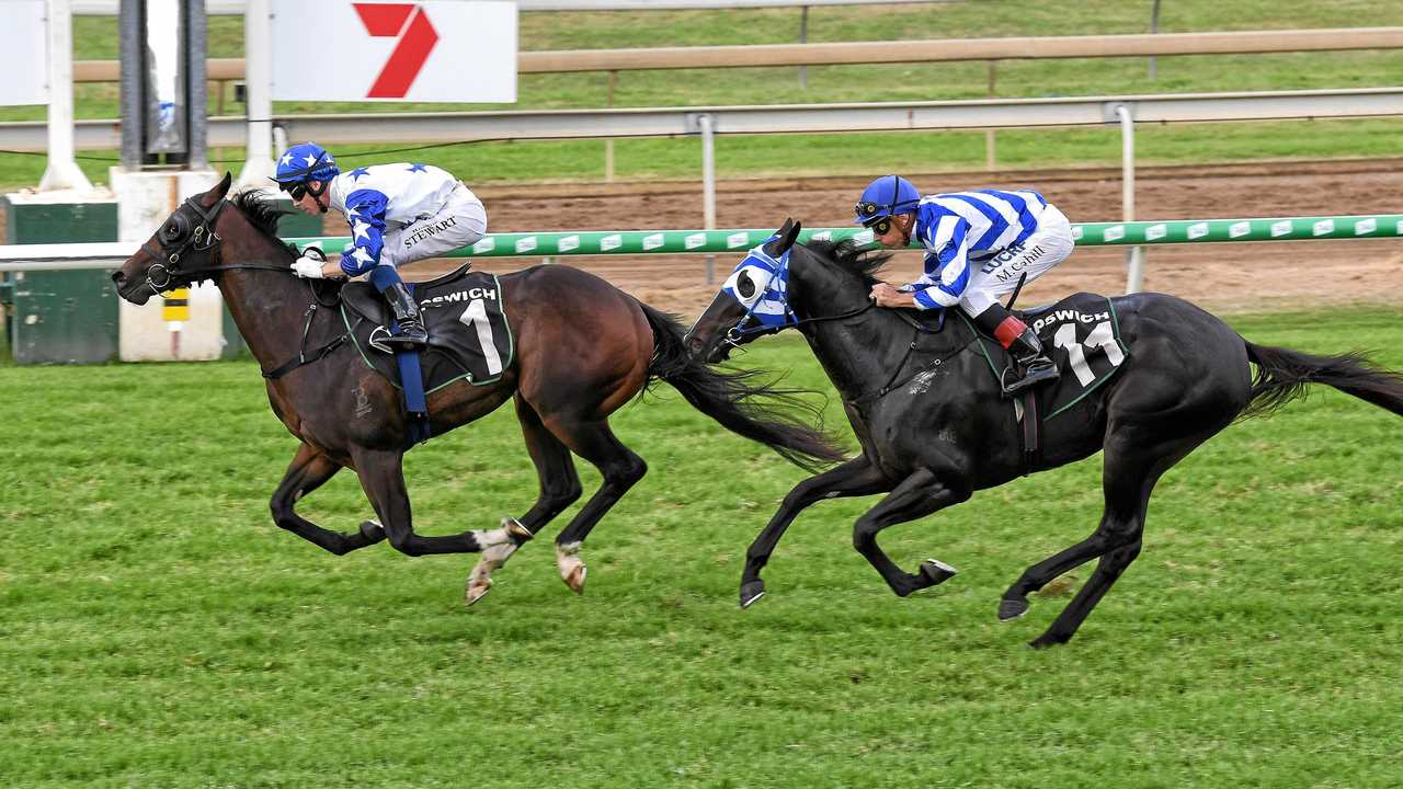 Brocky, ridden by Ronnie Stewart, wins the Lyndons 2yo Maiden Plate at Ipswich racetrack. Picture: Rob Williams