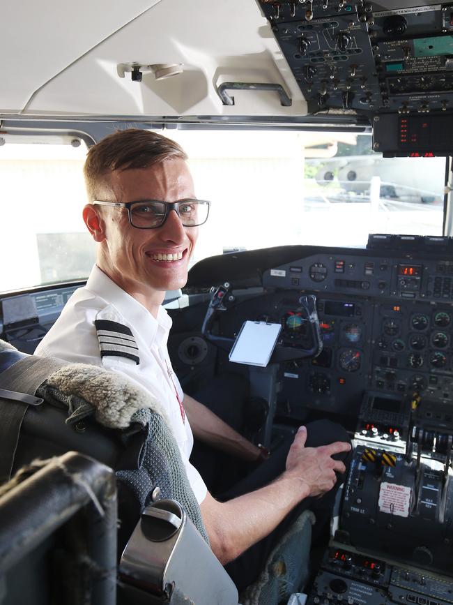 Skytrans first officer Apara Brewster O'Brien in the cockpit of a Dash-8. Picture: Brendan Radke