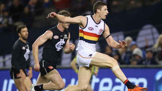 Adelaide's Josh Jenkins kicks a goal in the third quarter. Picture: Michael Klein