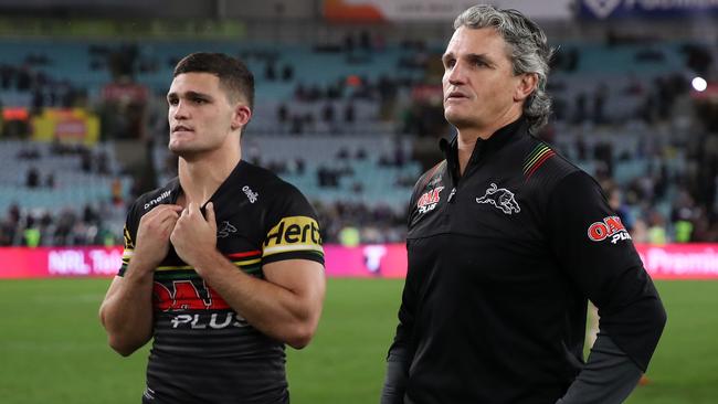 Nathan and Ivan Cleary after Sunday night’s defeat. Picture: Cameron Spencer/Getty Images