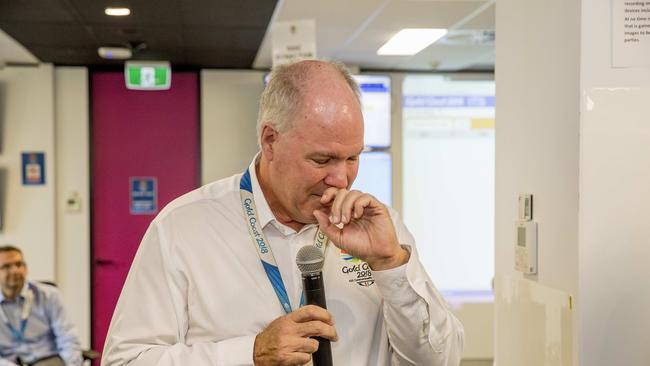 GOLDOC CEO Mark Peters becoming emotional as he talks to staff as the headquarters begins its pack down. Picture: Jerad Williams