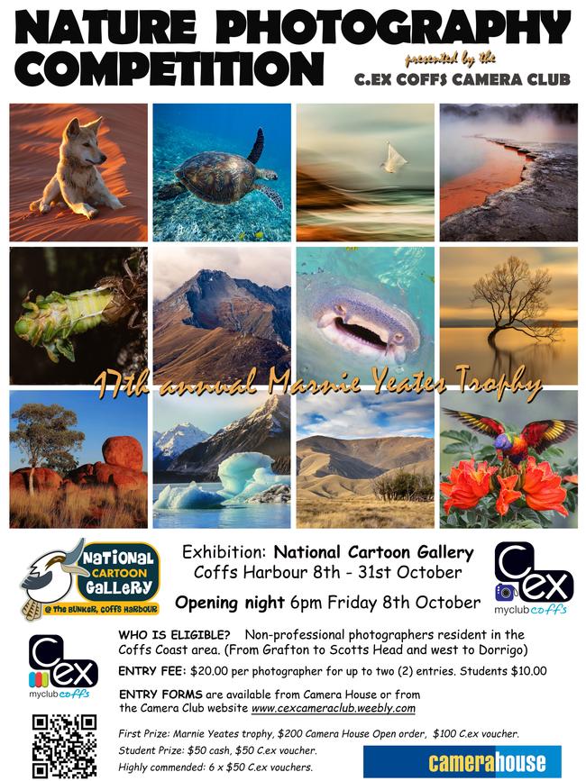 The 17th Annual C.ex Coffs Camera Club Nature Photography Competition will be displayed at the National Cartoon Gallery during October. Entries for the local competition close on September 10.