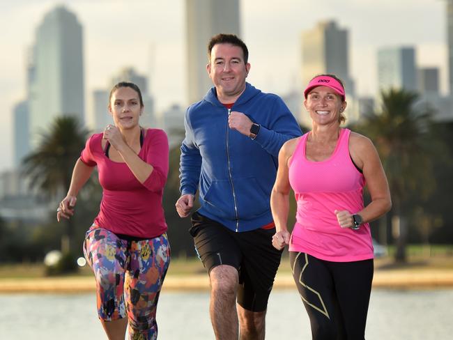 Annette Stenhouse, John Emerson and Tanya Canfield (hat). The story is on the amount of money Australians spend on fitness-related costs such as activewear, vitamins, gym memberships etc. Picture: Tony Gough