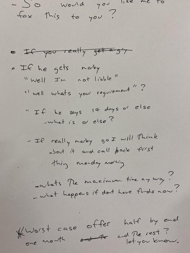 Handwritten notes tendered during the ATO tax fraud case of Todd Ryan and Amy Hill.