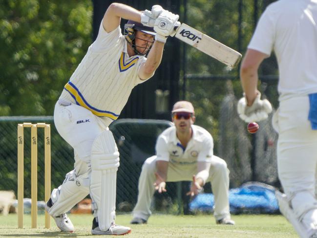 Premier Cricket: Ringwood batsman David King on the drive. Picture: Valeriu Campan