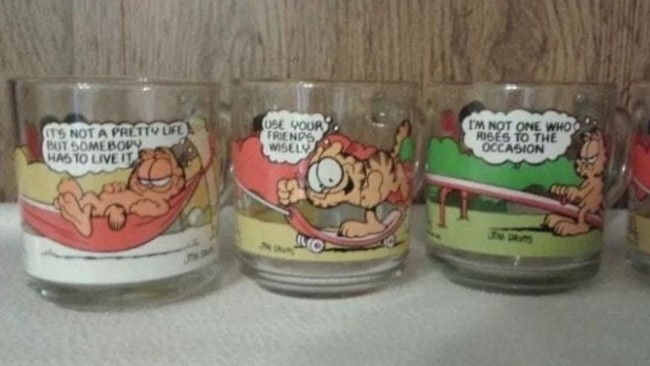 You could once upon a time get your very own glass mug with America’s most sarcastic cat, Garfield. Picture: Bored Panda