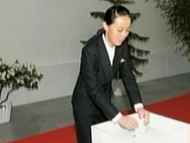 Kim Yo-Jong, the younger sister of North Korean leader Kim Jong-Un, at  a polling station in 2014.