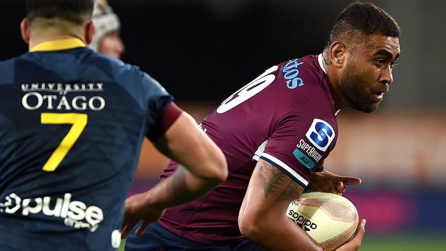 DUNEDIN, NEW ZEALAND - MAY 14: Lukhan Salakaia-Loto of the Reds looks on during the round one Super Rugby Trans-Tasman match between the Highlanders and the Queensland Reds at Forsyth Barr Stadium on May 14, 2021 in Dunedin, New Zealand. (Photo by Joe Allison/Getty Images)