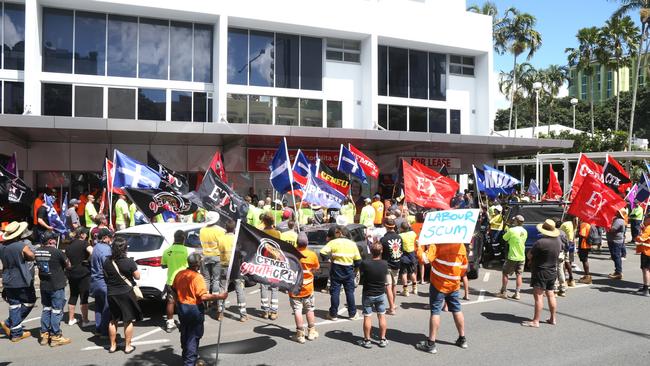 The Electrical Trades Union of Australia has joined with the CFMEU in a march up Lake St to Senator Nita Green's office. Picture: Peter Carruthers