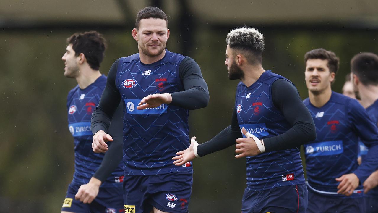 Steven May with teammates at Melbourne training. Picture: Daniel Pockett/Getty Images)\