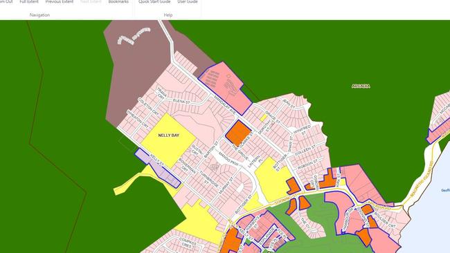 Townsville City Council planning zones for 55-77 Kelly St in Nelly Bay.