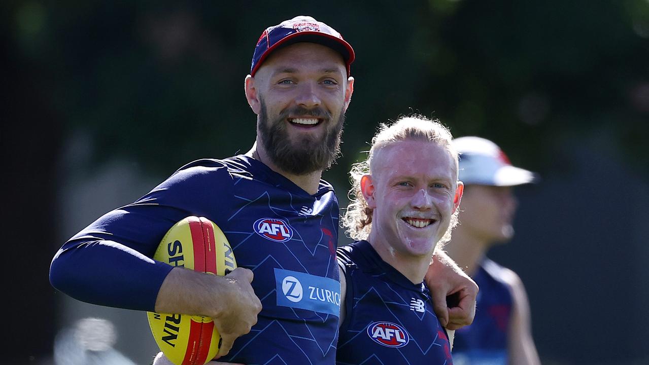 MELBOURNE. 16/12/2022. AFL. Melbourne training at Gosche Paddock. Max Gawn and Clayton Oliver during todays training session. Picture by Michael Klein