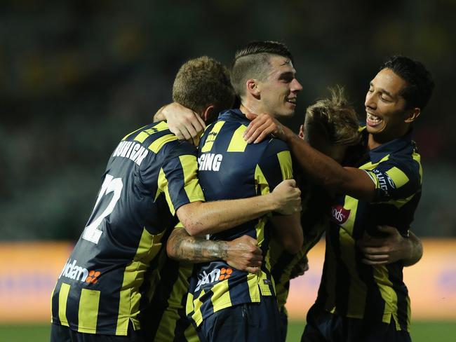 Central Coast Mariners celebrates a goal. Picture: Ashley Feder/Getty Images.