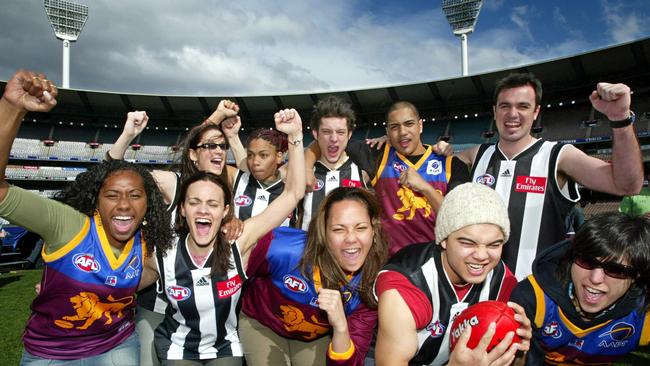 Australian Idol finalists, wearing Collingwood and Brisbane guernseys at the MCG ahead of the grand final. Picture: NCA.