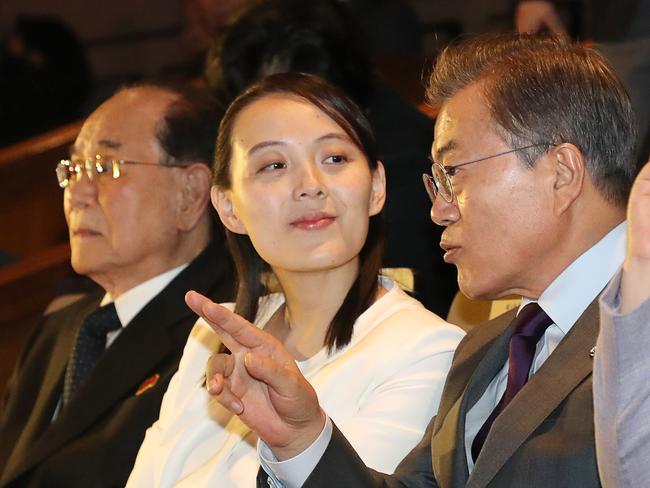 South Korean President Moon Jae-in talks with Kim Yo-jng at a 2018 concert in Seoul. Picture: AFP