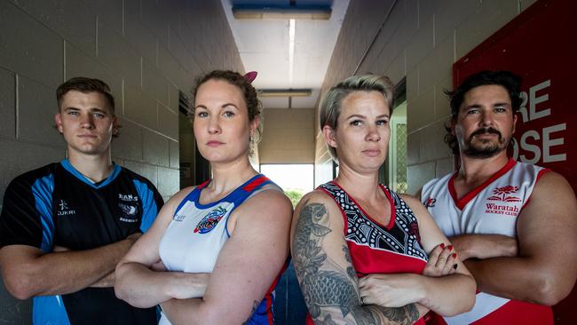 Banks captain Ayden Parkin, East Darwin captain Jess Martin-Brown, Commerce captain Shana Casimiro and Waratah captain Ben Tilbrook ahead of the 2023 Darwin Hockey League grand finals. Picjture: Pema Tamang Pakhrin