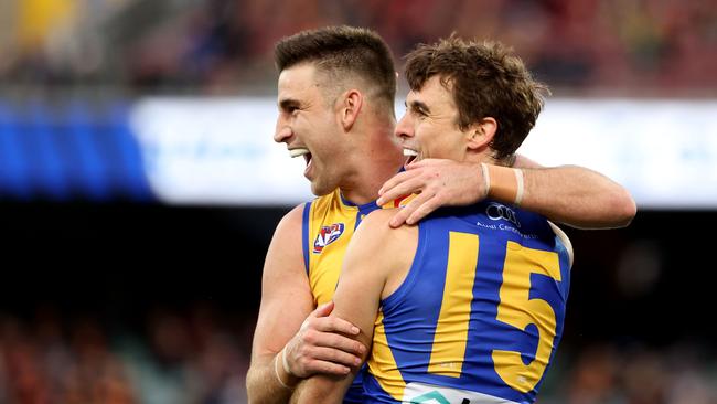 Jamie Cripps (right) starred for the Eagles with five goals. Picture: James Elsby/AFL Photos via Getty Images