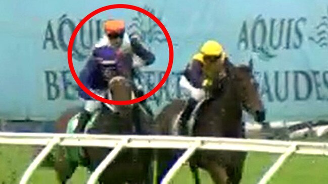 Quade (Jag Guthman-Chester, circled) was elevated from second to first after stewards deemed he was tightened by Beachside Babe (Andrew Spinks, yellow cap) at the 300m. Picture: Screengrab / Racing Queensland