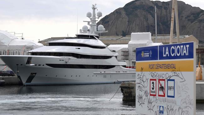 A picture taken on March 3, 2022 in a shipyard of La Ciotat, near Marseille, southern France, shows a yacht, Amore Vero, owned by a company linked to Igor Sechin, chief executive of Russian energy giant Rosneft. Picture: NICOLAS TUCAT / AFP