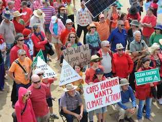 The crowd that marched in support of climate change action in Coffs Harbour make their point of view. Picture: Leigh Jensen