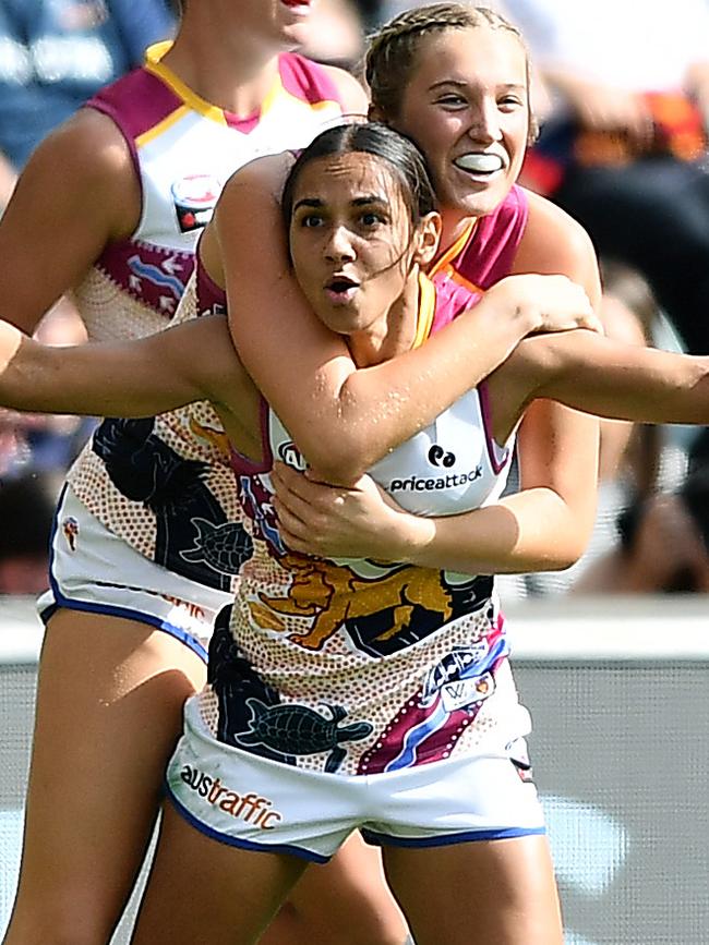 Courtney Hodder kicked two goals for the Lions to help claim the 2021 flag. Picture: Getty Images