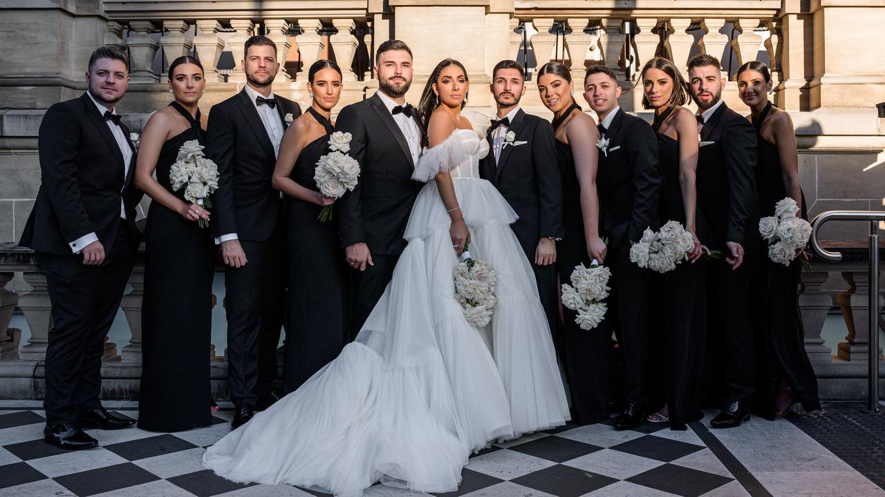 Katerina &amp; Manoli George with their bridal party. Picture: Evernew Studio