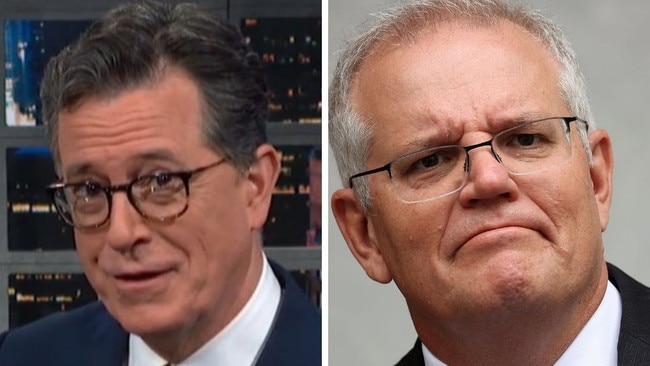 Stephen Colbert and Scott Morrison. Pictures: CBS; NCA NewsWire / Gary Ramage