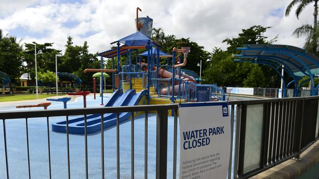 The water park on The Strand is closed. It will be followed by Townsville City Council managed public playgrounds, outdoor gyms, skateparks and dog parks at midnight. PICTURE: MATT TAYLOR.