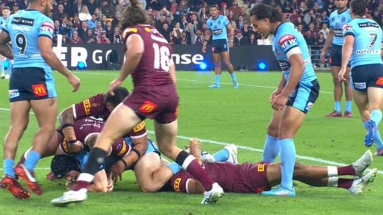 Jarome Luai stands over Selwyn Cobbo in the 2022 Origin decider. WWOS