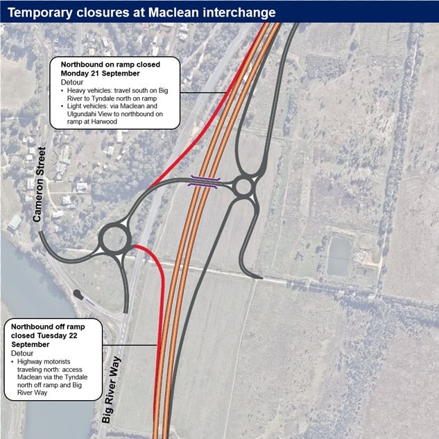 Motorists are advised of changed traffic conditions and local detours at the Maclean interchange on the Pacific Highway next week while asphalting work is carried out.