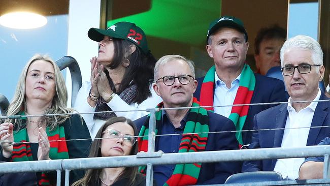 Anthony Albanese watches an NRL match between the South Sydney Rabbitohs and the St George Illawarra Dragons at Accor Stadium.