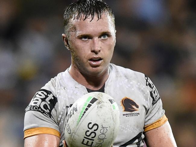 MACKAY, AUSTRALIA - FEBRUARY 26: Jake Turpin of the Broncos gestures with the ball during the NRL Trial match between the North Queensland Cowboys and the Brisbane Broncos at BB Print Stadium on February 26, 2022 in Mackay, Australia. (Photo by Matt Roberts/Getty Images)