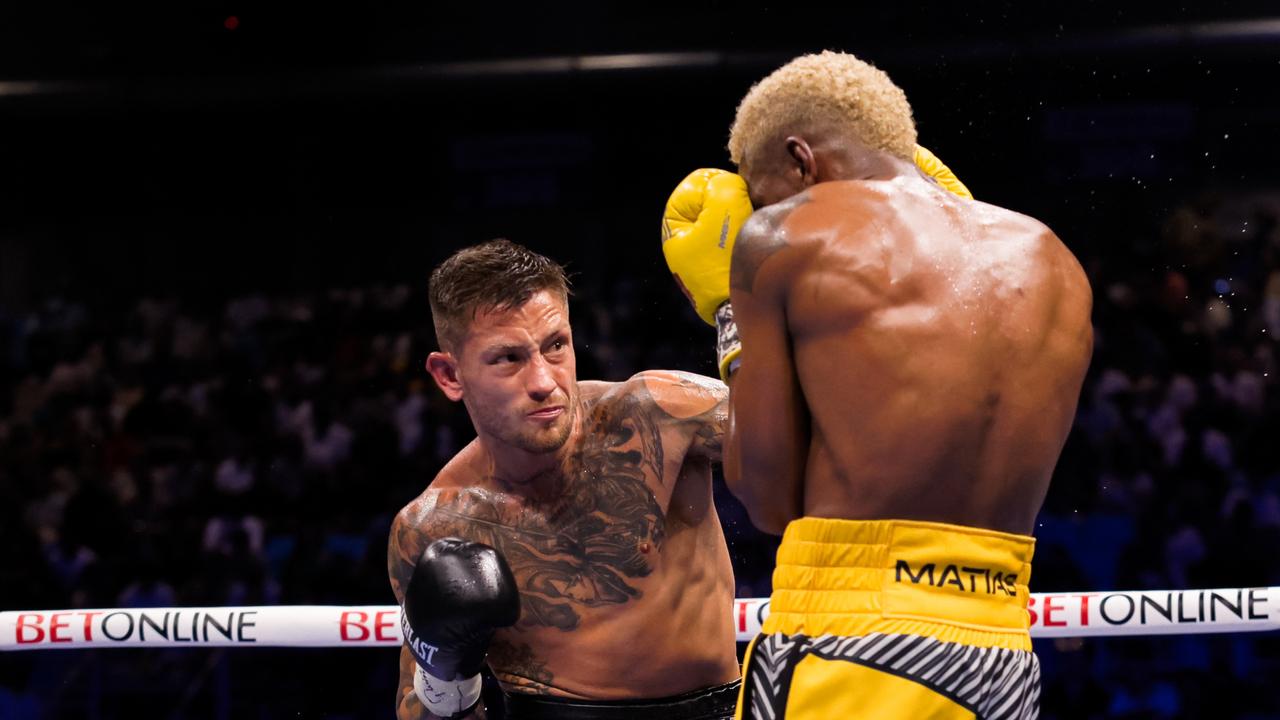 June 15, 2024; Manati, Puerto Rico, USA; Subriel Matias and Liam Paro during their fight at Coliseo Juan Aubn Cruz Abreu in Manati, Puerto Rico. Picture: Amanda Westcott/Matchroom.